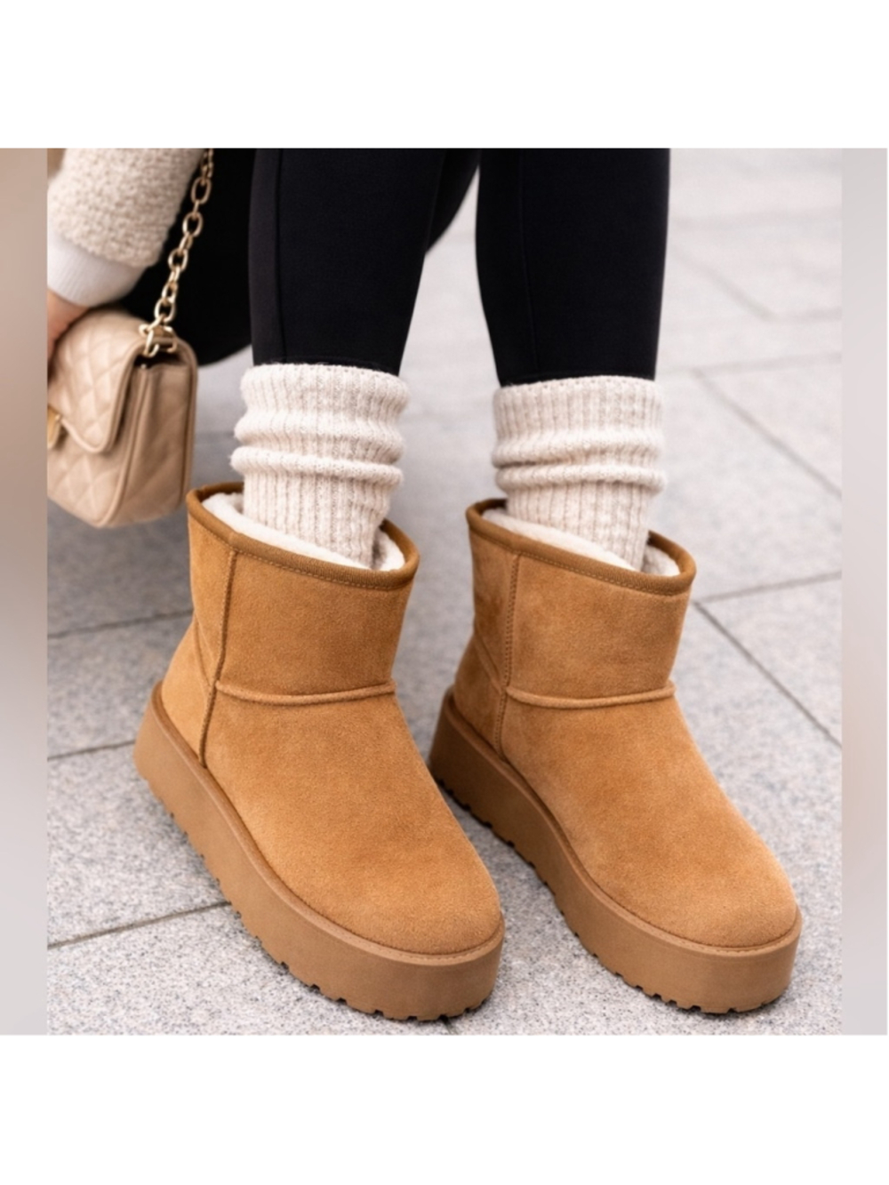 Women's Furry Faux Suede Ankle Platform Booties Tan Size 7.5 New